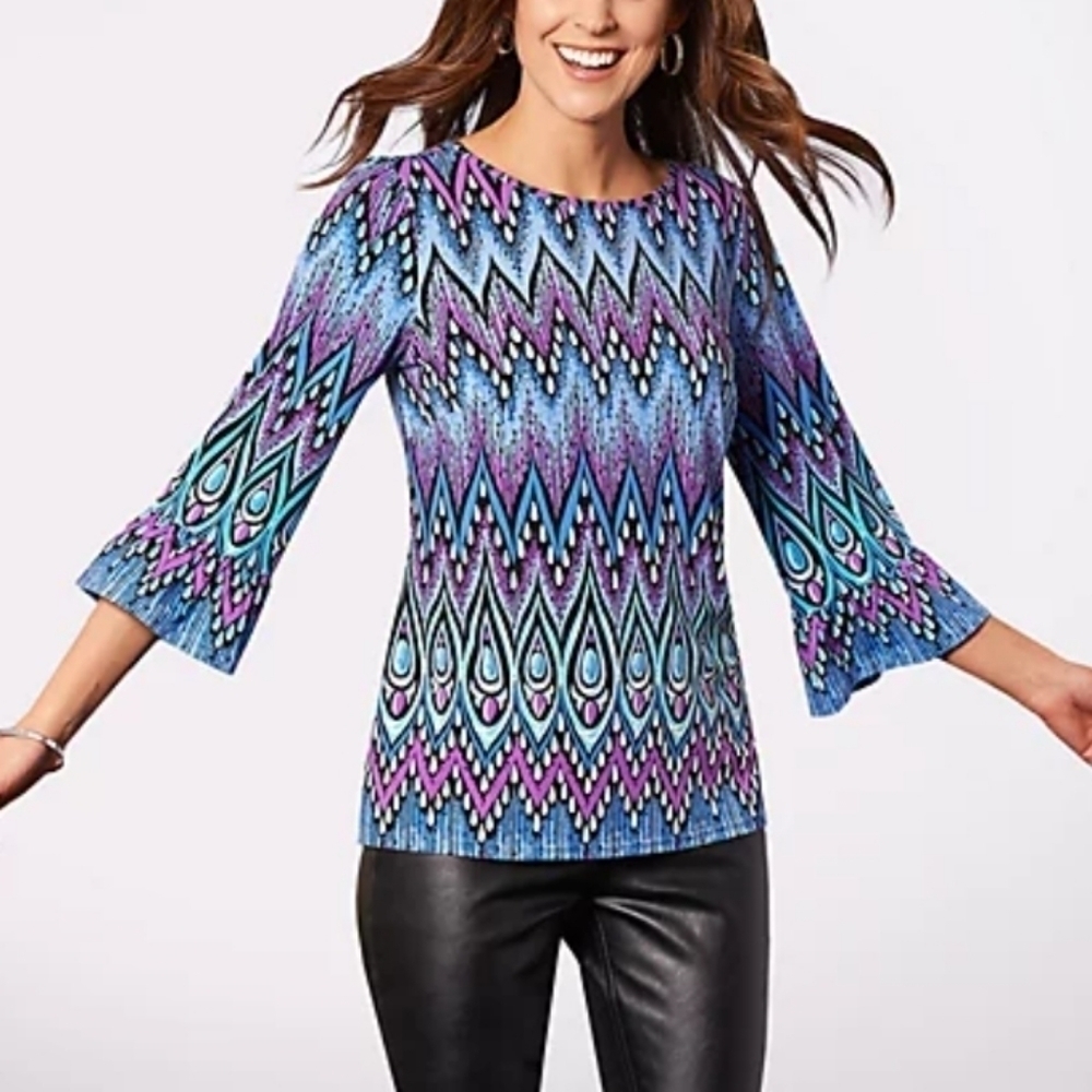Bob Mackie Peacock Feather Print Ruffle Sleeve Top Size Large NWT
